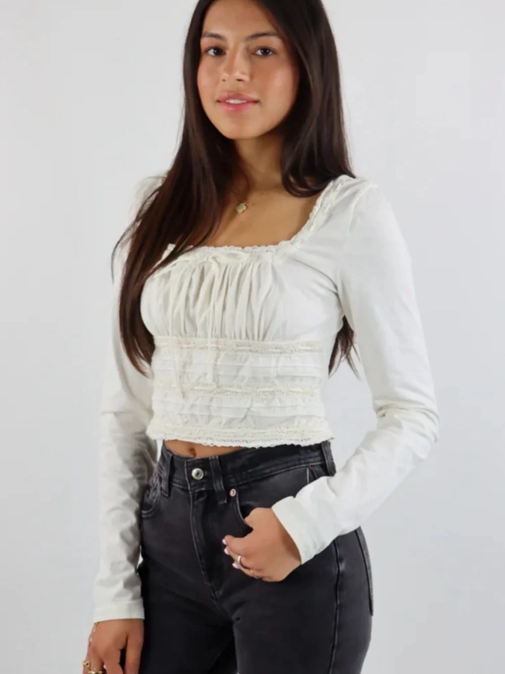 Free People Scarlet Smocked Long Sleeve Top Ivory Lace Crop L